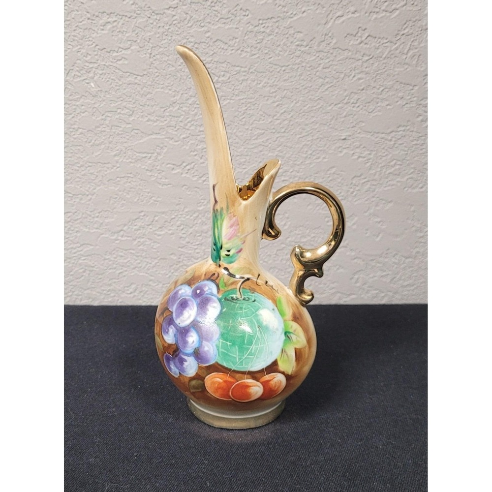 vintage 1950s Ucagco Ceramics Japan Hand-Painted Bud Vase Ewer Fruit Motif